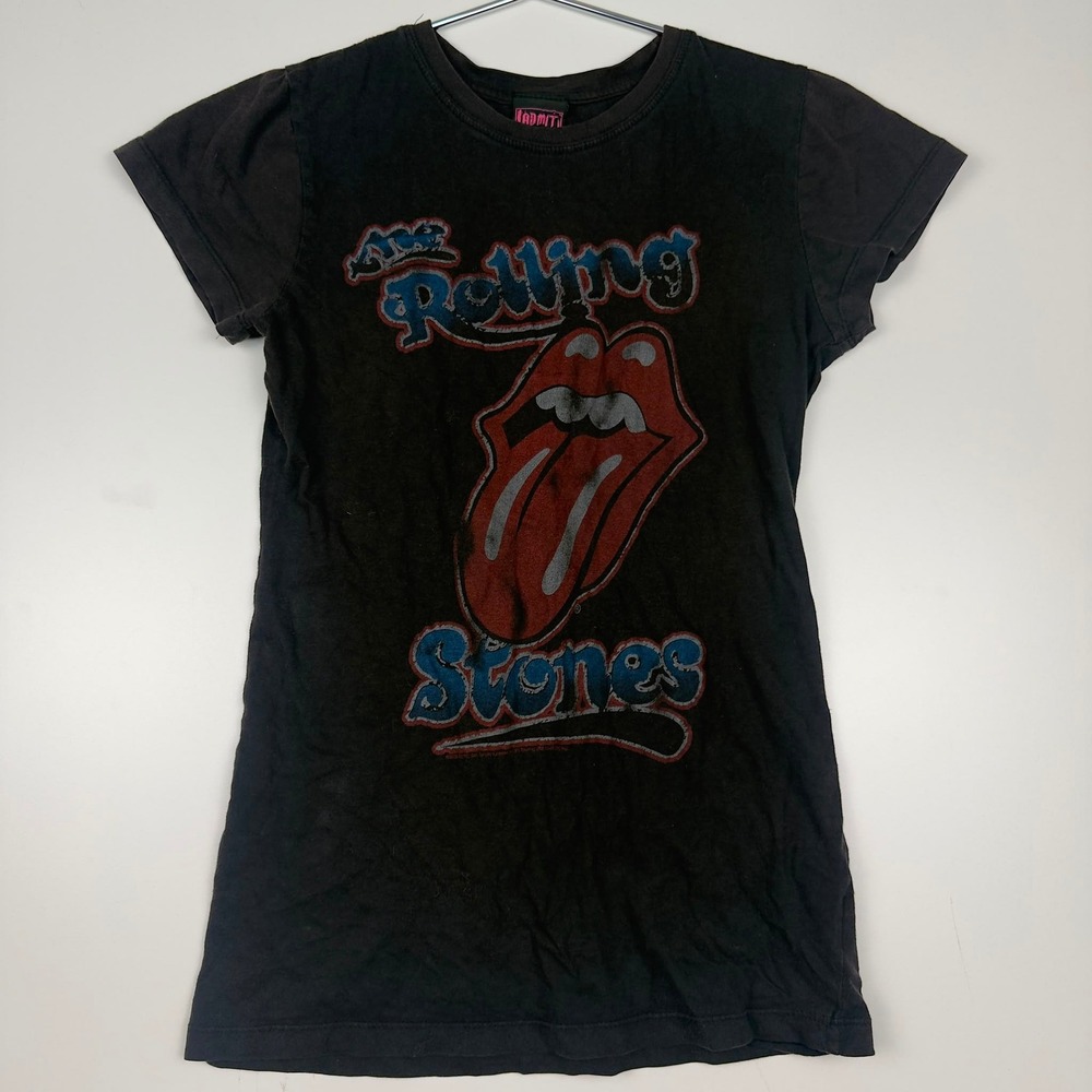 The Rolling Stones T Shirt Women's Small Black Tongue Logo Distressed Band Tee